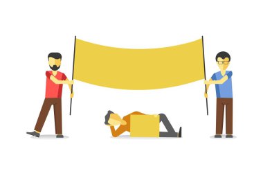 Çarpıcı erkekler boş afiş tutarak 