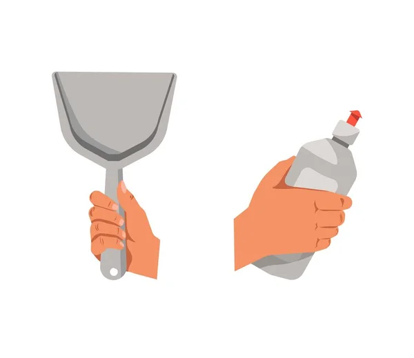 Руки, що тримають лопату та миючий засіб — стоковий вектор