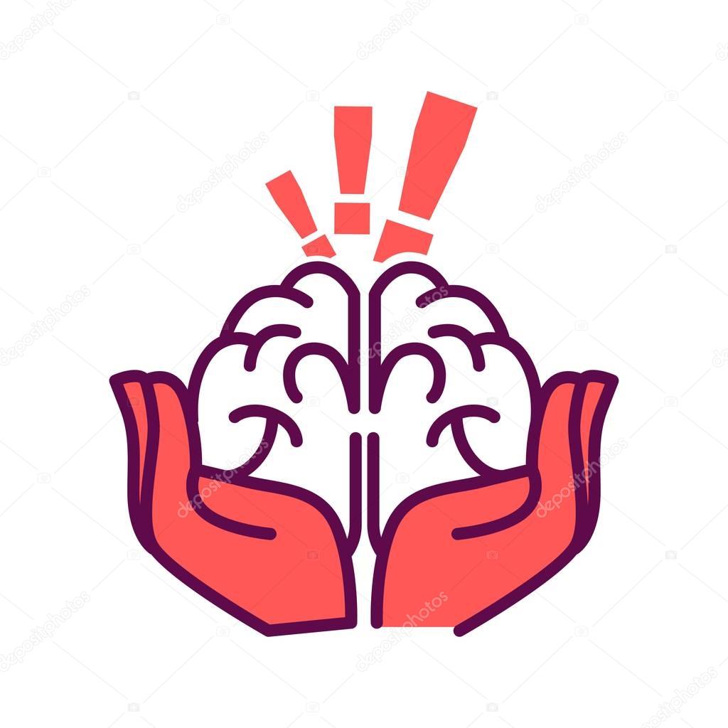 Brain in hands with exclamation marks
