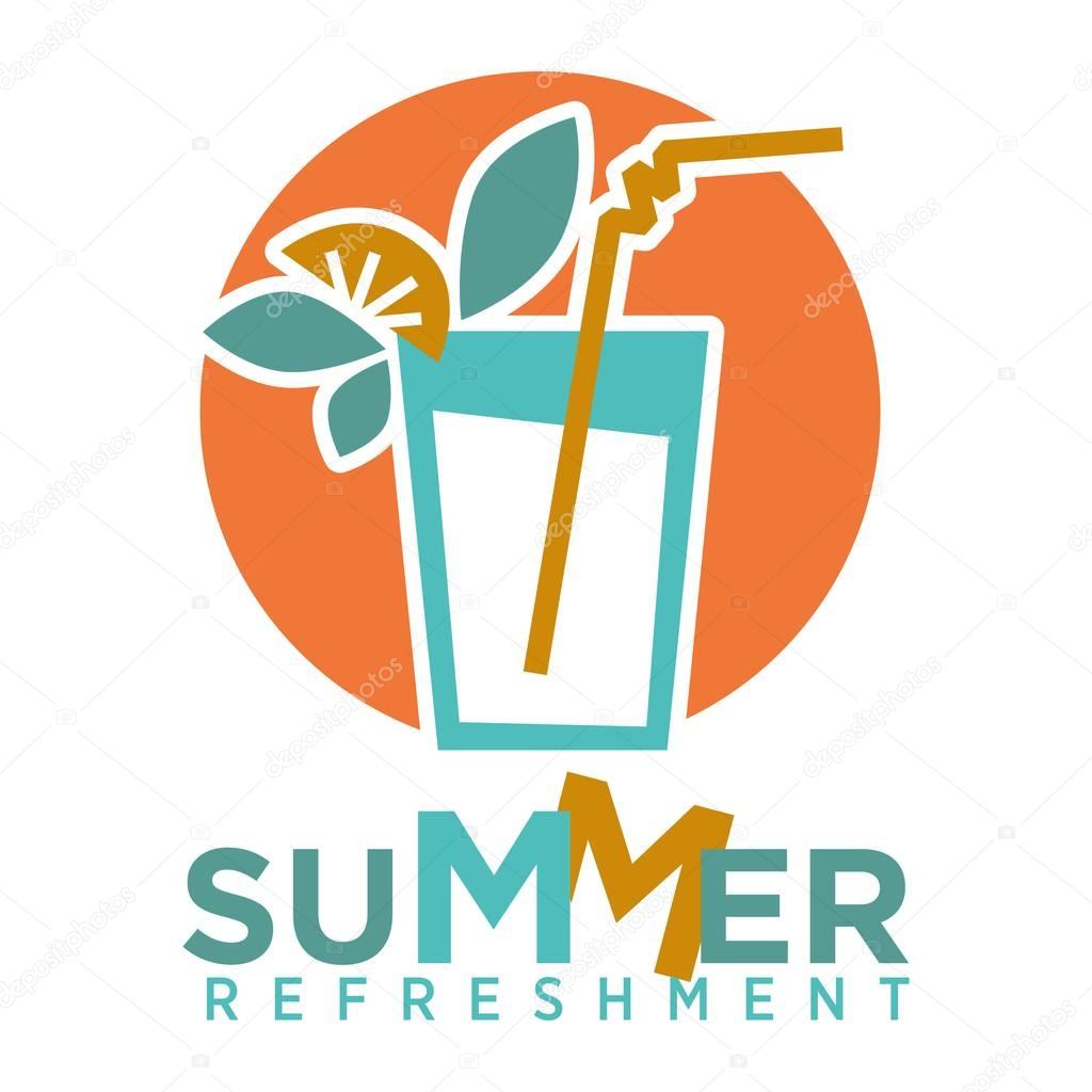 Summer refreshing cocktail with straw, fruits and mint logo on background of orange sun isolated on white. Glass with drink and decorative elements vector illustration, alcohol beverage icon in flat