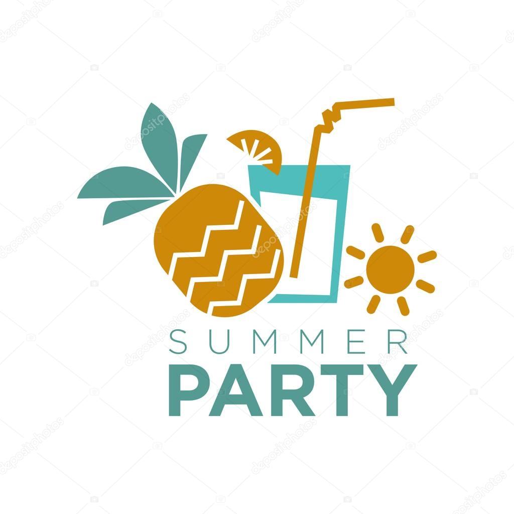 Summer party graphic logo emblem isolated on white. Vector colorful badge in flat design of cocktail glass with citrus slice and straw, pineapple fruit and sun tag. Entertaining holiday concept