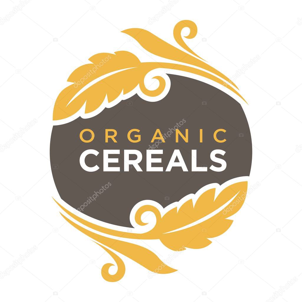 Organic cereals logo with ears of wheat symbol up and down round element isolated on white. Fresh yellow grain with text logotype vector illustration in flat design. Advertisement bread label