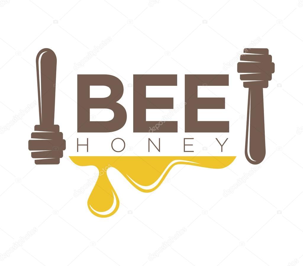 Bee honey logo design with two dippers isolated on white. Organic sweet mead and wooden stick vector illustration. Advertising label for honeymead production with drops yellow healthy substance