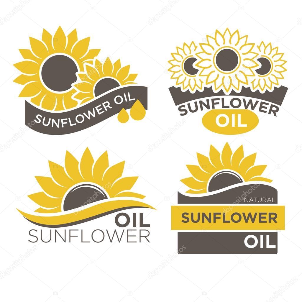 Natural organic sunflower oil logotypes vector illustration on white. Best quality eco liquid condiment label or advertising banner. Colorful labels with collection of tags with graphic sunflowers