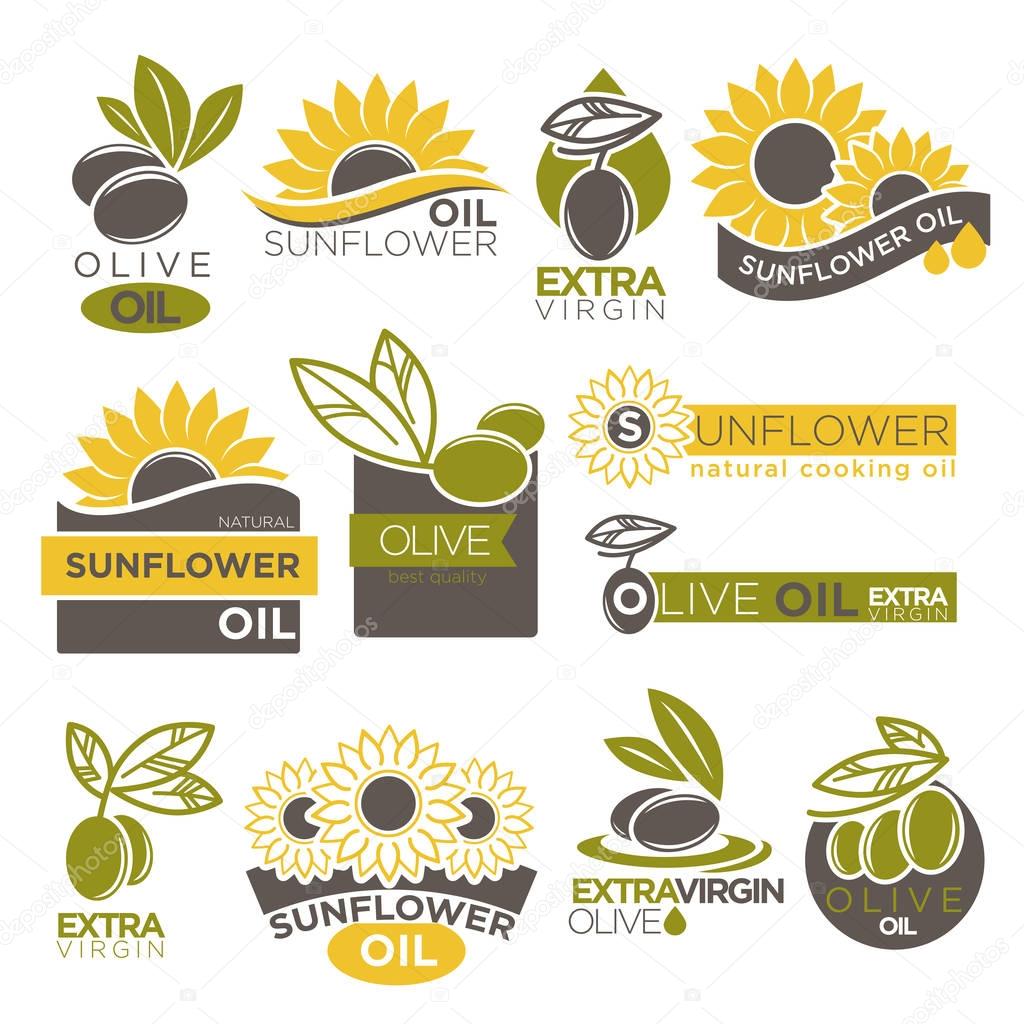 Olive and sunflower oil extra virgin flat logotype on white. Vector illustration of company labels green olives berries with leaves and yellow flowers with black seeds. Healthy condiment template