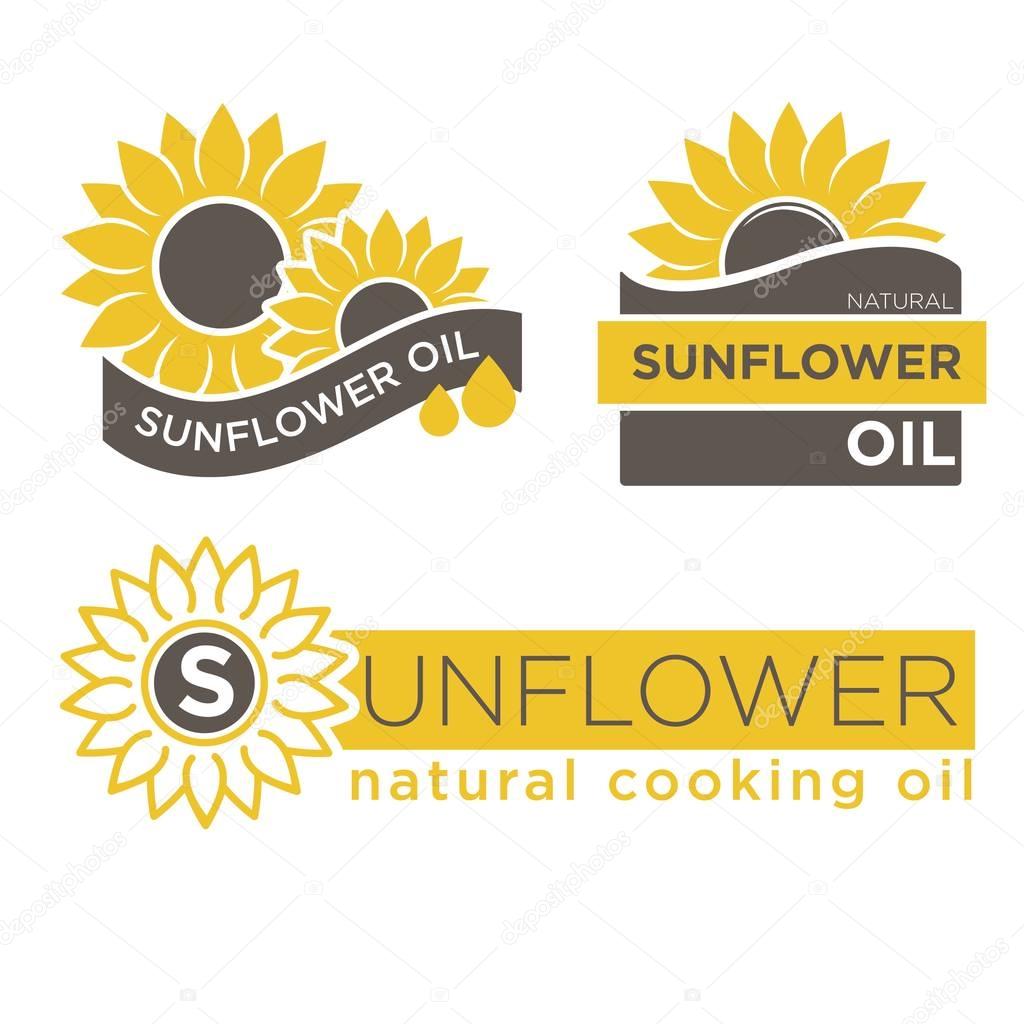 Sunflower oil products logos templates. Natural cooking oil vector isolated design for bottle package labels