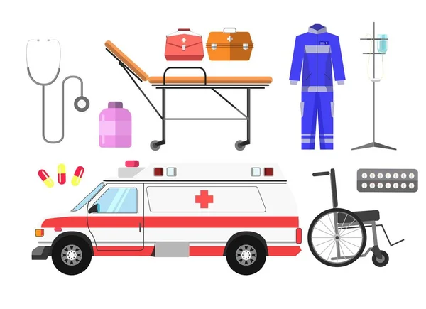 Ambulancia coche y atributos establecidos — Vector de stock