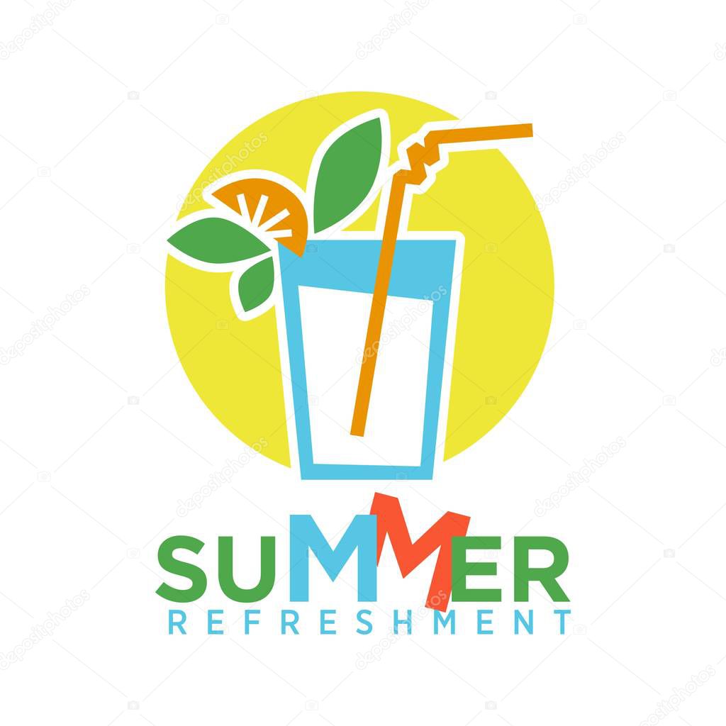 Summer refreshing cocktail with straw, fruits and mint logo on background of yelow circle isolated on white. Glass with drink and decorative elements vector illustration, alcohol beverage icon in flat