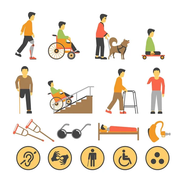 Personas con discapacidad y equipamiento necesario — Vector de stock