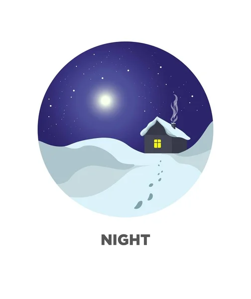 Nacht ronde knop met winter landschap — Stockvector