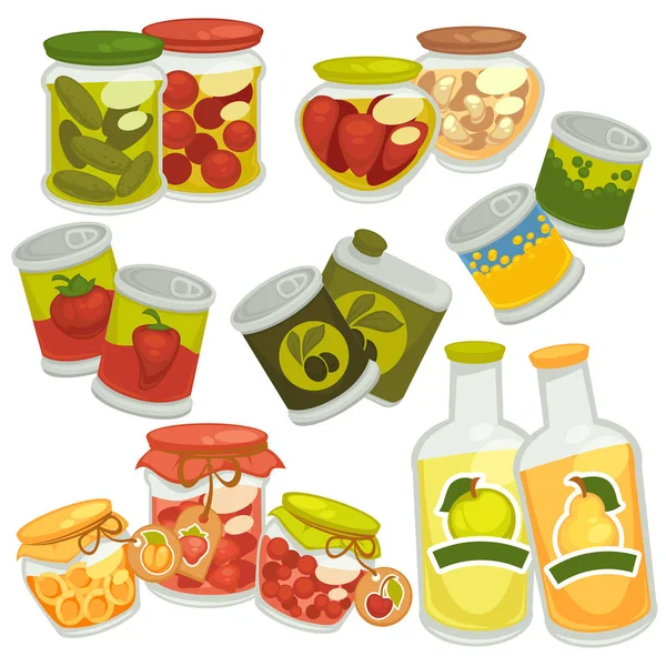 腌制的食品中的罐子和瓶子集 — 图库矢量图片
