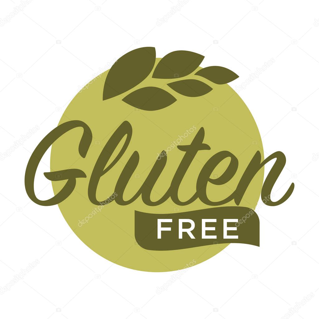Gluten free in cereal grains logo design. Dough without harmful substances, organic healthy food concept. Vector illustration in flat style with wheat and written text logotype, nutrition baking