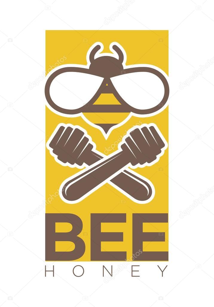 Bee honey logo design with two crossed dippers and insect isolated on white. Organic sweet mead and wooden stick vector illustration. Advertising label for honeymead production of healthy substance
