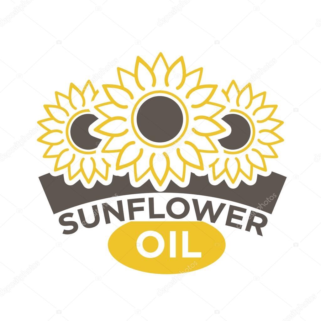 Sunflower oil label with yellow flower with black dieting seeds, sticker design. Natural organic sunseed logotype vector illustration on white. Best quality eco condiment label or advertising banner.