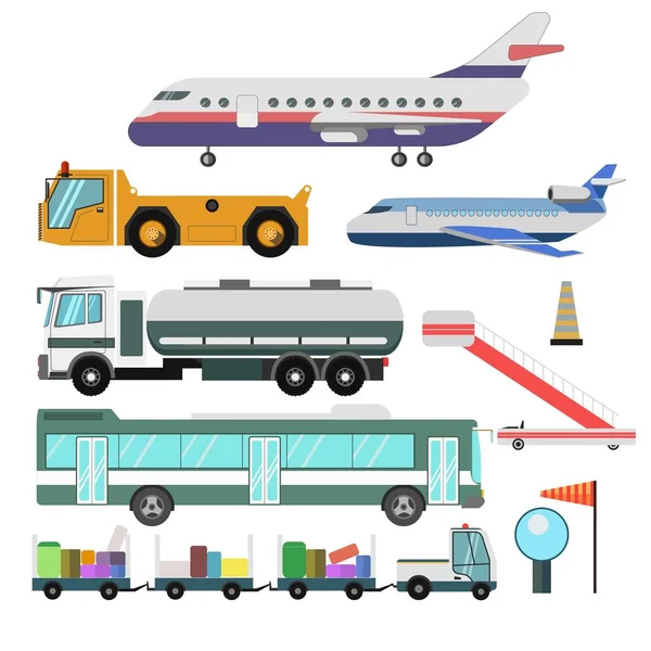 Luchthaven dienstvoertuigen en vliegtuigen — Stockvector