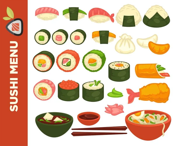 Rollos de sushi e iconos de la cocina japonesa — Vector de stock