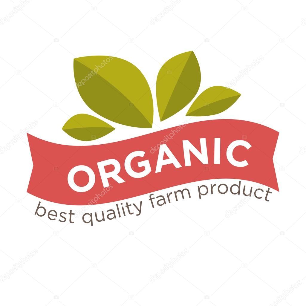 Healthy food product logo template. Vector isolated label or ribbon icon with green leaf for natural bio farm food package design element