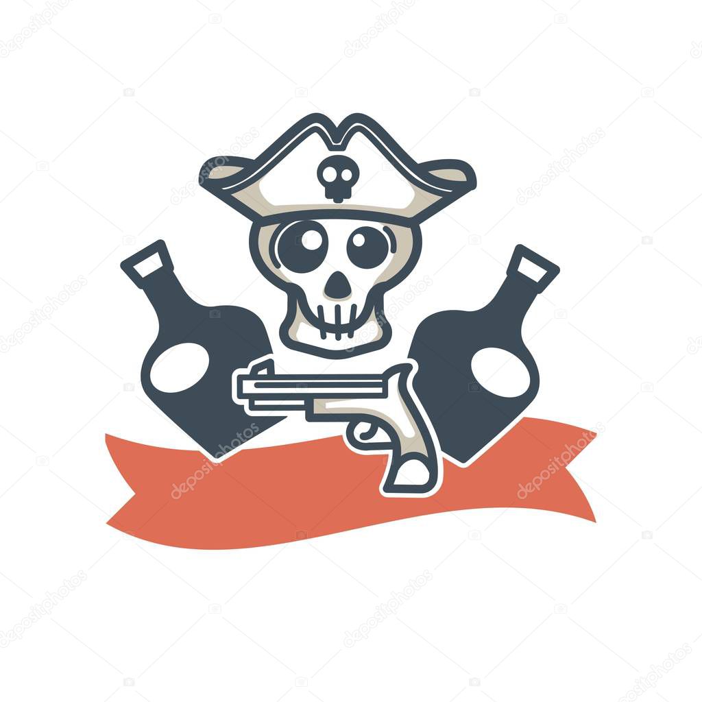 Jolly Roger pirate vector icon or logo. Vector symbol of piracy flag, skeleton skull in captain tricorn hat, whiskey or rum bottles and gun
