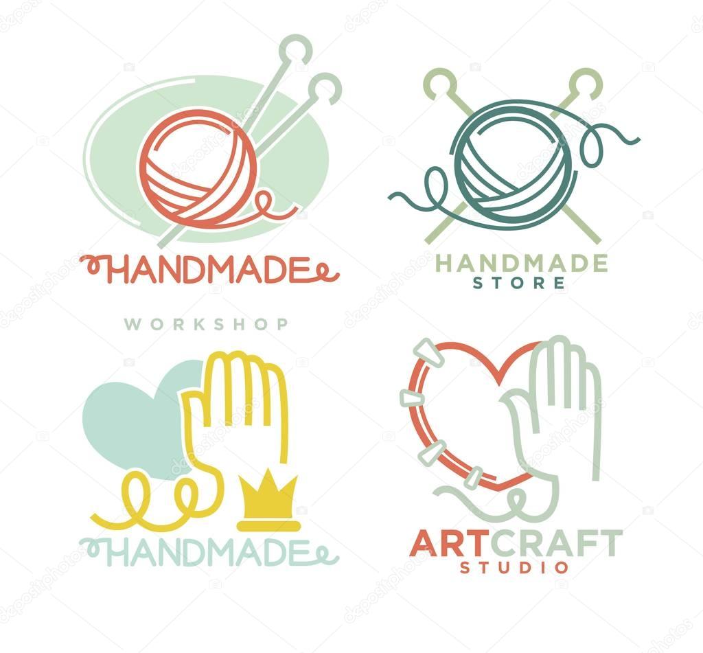 Set of handmade workshop emblems. Vector posters for artist studio or painter shop, knitting needlework and tailoring school