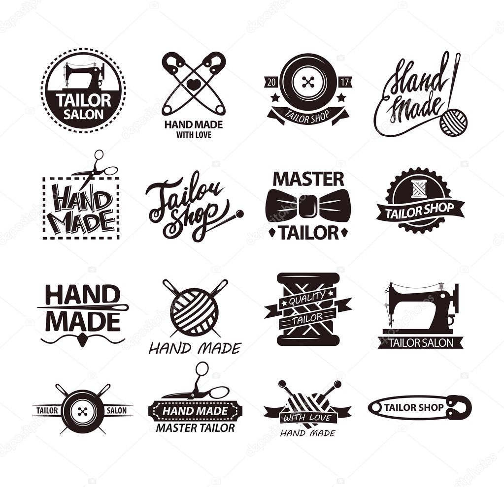 Set of logos for handmade shops. Tailor salon advertisement logotypes. Sewing stitching needlework vintage emblems. Safety pins, spool of threads in stickers design. Vector elements for knitting