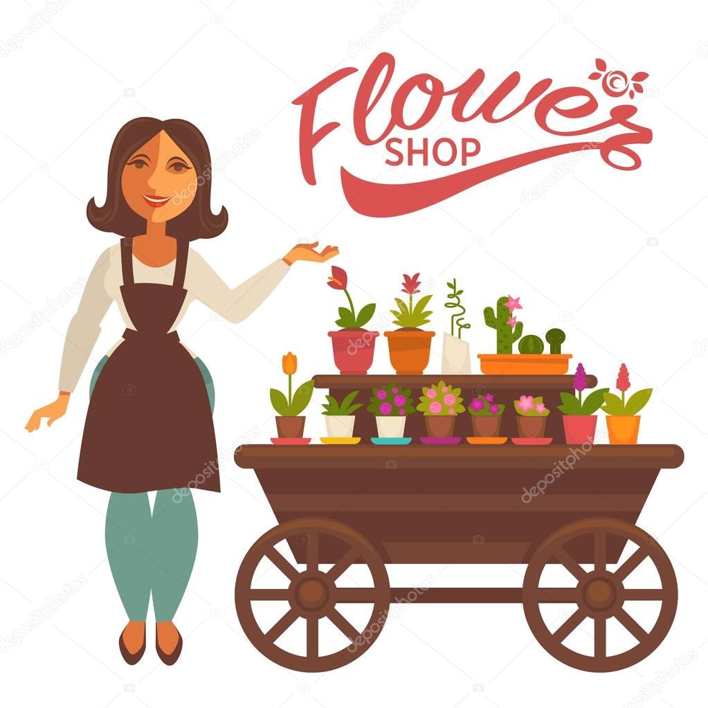 Vector illustration of the smiling shop assistant standing and showing the wagon with potted flowers. Flower shop lettering, Flower shop banner template