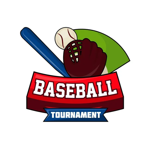 Diseño del logo del torneo de béisbol con bola, bate y guante de cuero — Vector de stock