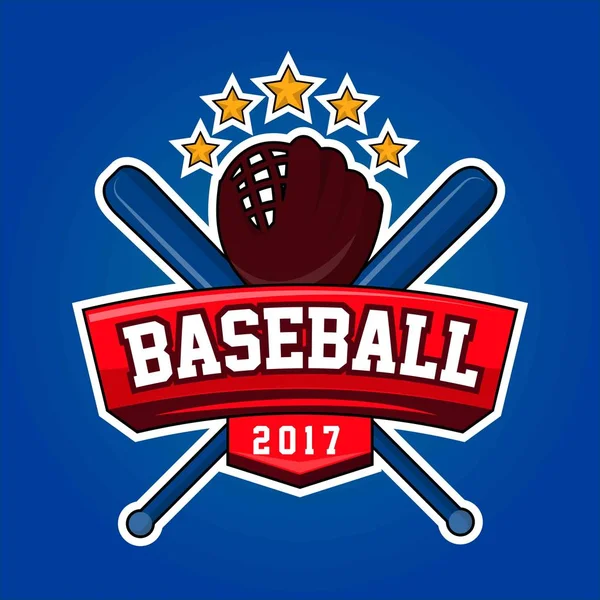 Beyzbol logo tasarımı ile çapraz yarasalar, deri eldiven ve yıldız — Stok Vektör