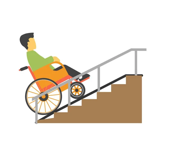 Hombre en silla de ruedas cabalgando en escaleras vector imagen — Vector de stock