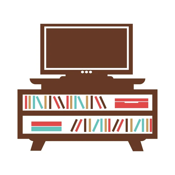 Télévision grand écran sur petite bibliothèque avec livres colorés — Image vectorielle