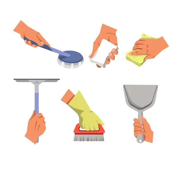 Manos que sostienen diferentes herramientas para limpiar sobre fondo blanco — Vector de stock