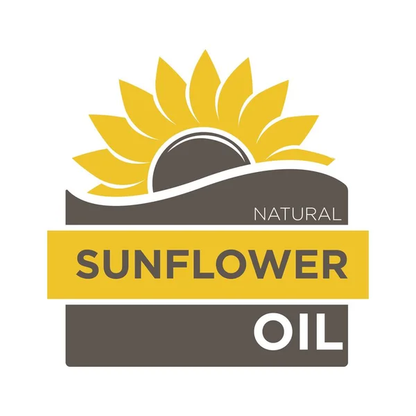 Color emblem of natural sunflower oil with yellow helianthus — Stock Vector