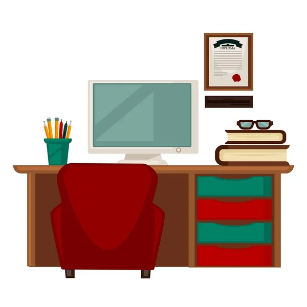 Lugar de trabajo con libros y ordenador — Vector de stock