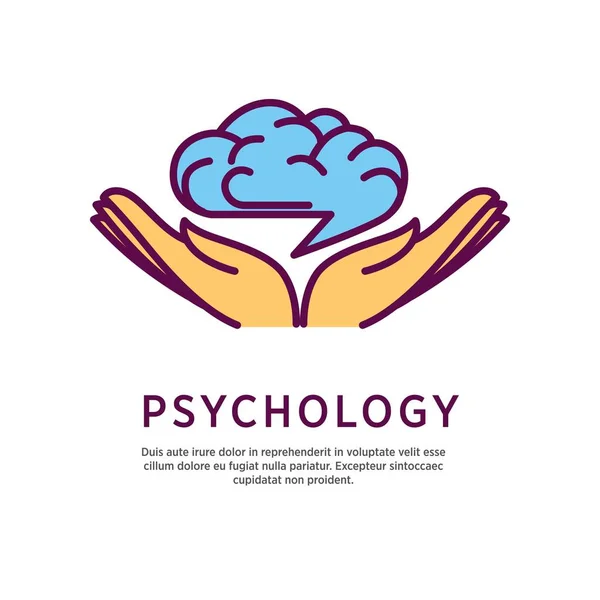 Σχεδιασμός λογότυπου ψυχολογία με τις παλάμες ανοικτές χέρι με τον ανθρώπινο εγκέφαλο — Διανυσματικό Αρχείο