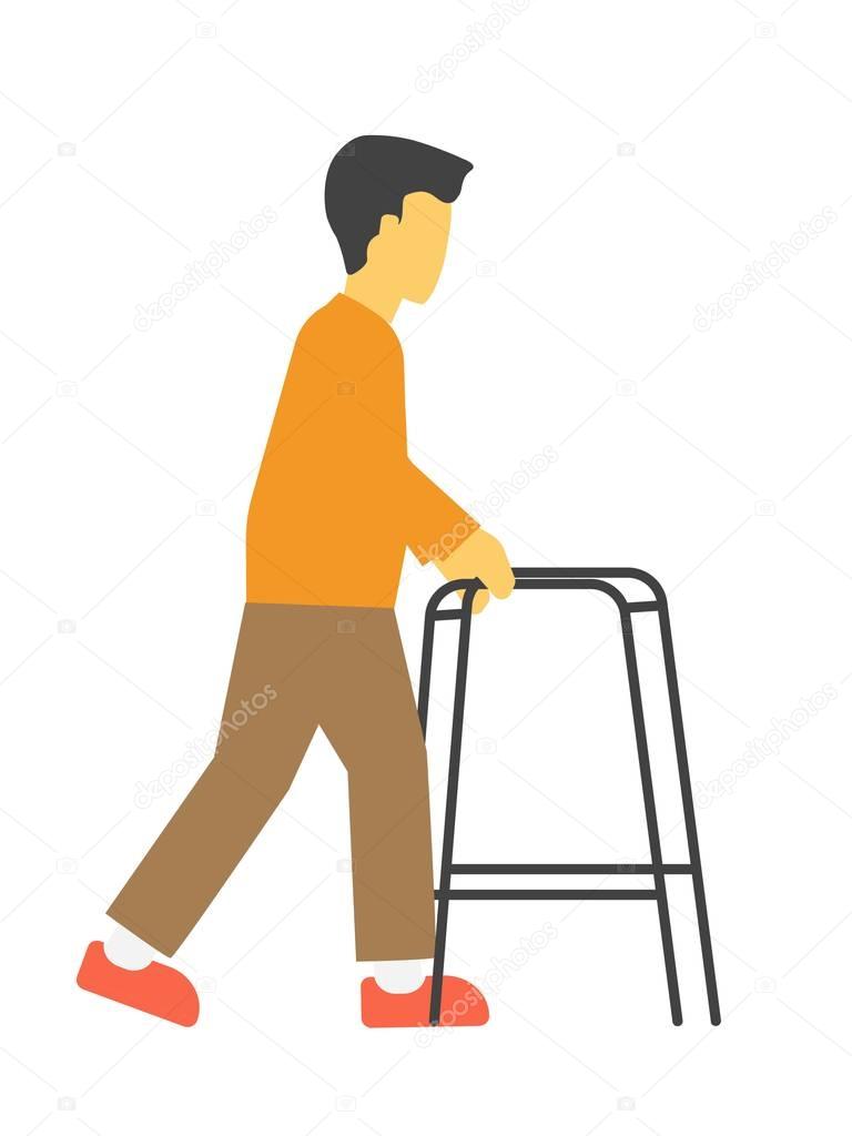 Incapacitated faceless person with metal walkers vector illustration isolated.