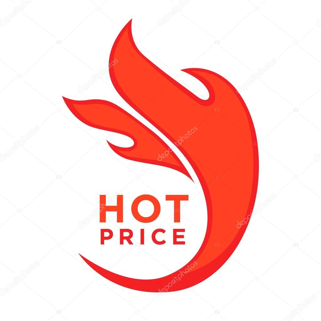 Advertising poster price reduction promo sticker with red burning symbol. Hot price logo with burning fire element isolated on white. Vector illustration of discount label in flat style design.