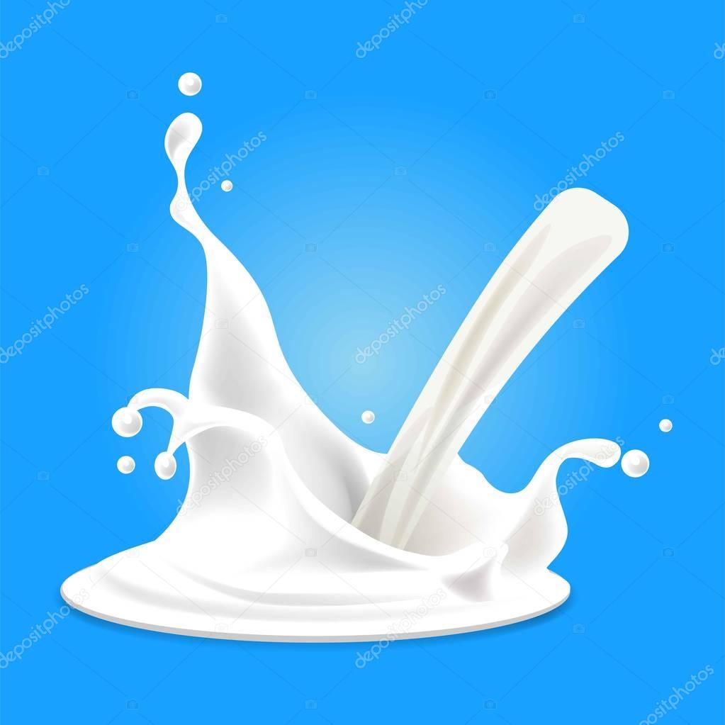 Realistic banner with white milk splashes pouring concept on blue