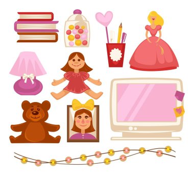 Kız çocuk odası oyuncaklar ve aletleri düz Icons set vektör