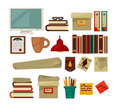 Office gerekli ekipman vektör düz posterinde beyaz