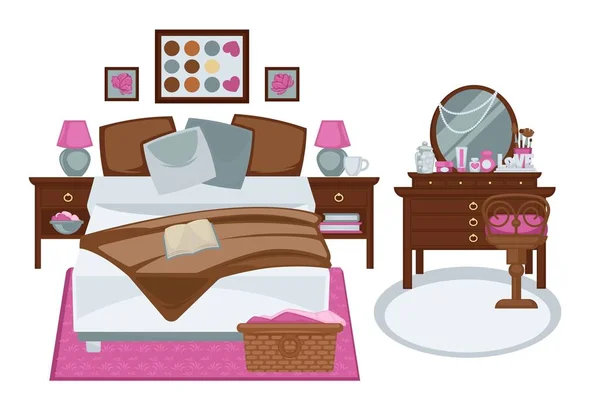 Glamour interior del dormitorio de las niñas en tonos marrones rosados y blancos — Vector de stock