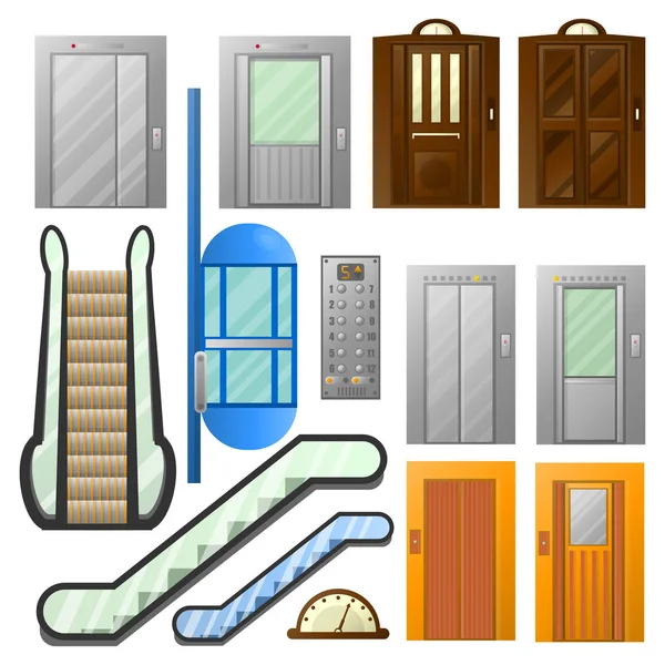 Elevadores o escaleras mecánicas elevadores vector iconos aislados conjunto — Vector de stock