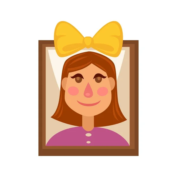 Young girl with yellow head bow on picture in frame — Stock Vector