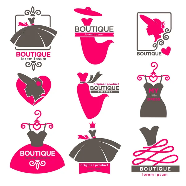 Jurk boetiek of mode atelier salon vector icons set — Stockvector