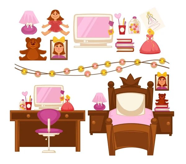 Muchacha niño habitación interior muebles y electrodomésticos vector iconos planos conjunto — Vector de stock