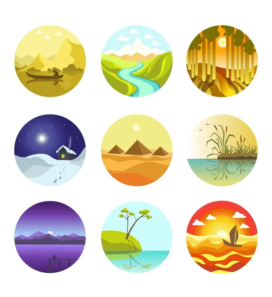 Paisajes naturales iconos de logotipo circular banner vectorial en blanco — Archivo Imágenes Vectoriales