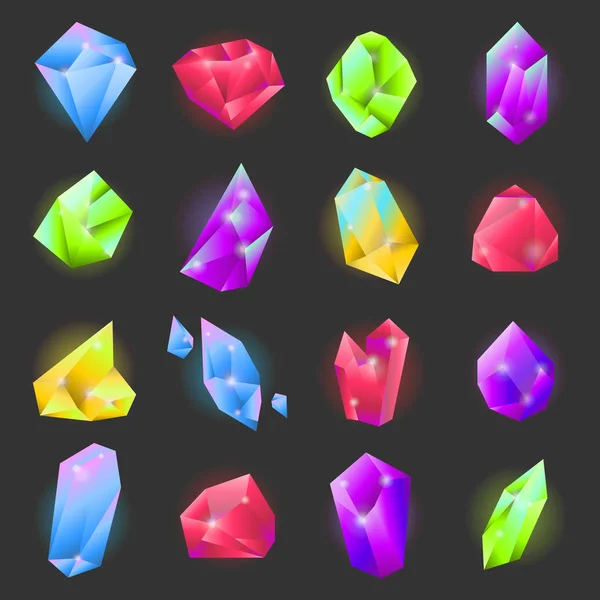Kristallen of edelstenen van verschillende vormen en vormen vecor pictogrammen instellen — Stockvector