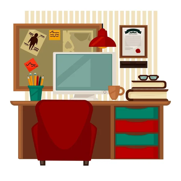 Πολύχρωμη εικονογράφηση φορέα σπίτι στο χώρο εργασίας σε επίπεδη σχεδίαση — Διανυσματικό Αρχείο