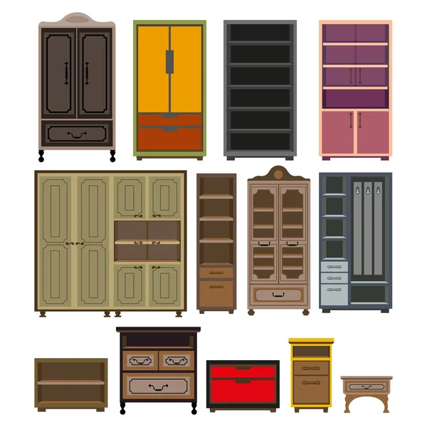 Muebles gabinete y armario cofres vector aislado iconos planos conjunto — Archivo Imágenes Vectoriales