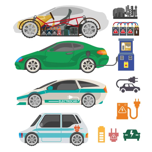 Iconos planos del vector de la pieza del mecanismo del automóvil del pasajero del electrocar o del coche eléctrico — Vector de stock