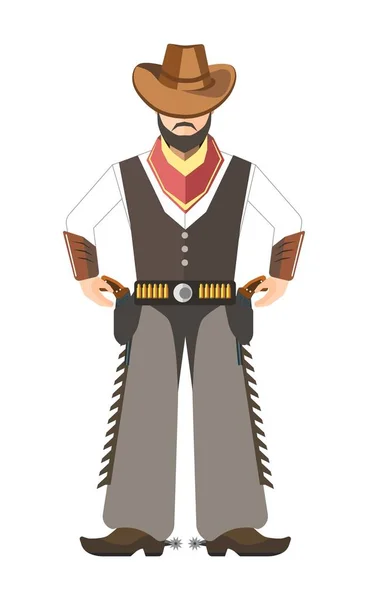 Bearded cowboy with hat holds for two pistols under belt — Stock Vector