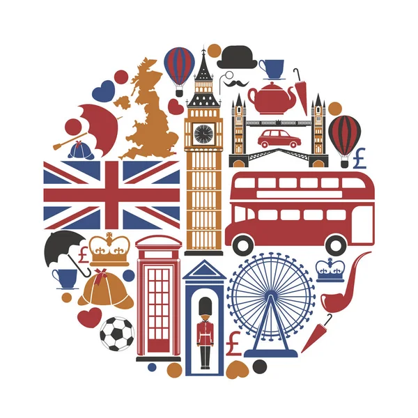 England UK travel sightseeing icons and vector landmarks poster — Stock Vector